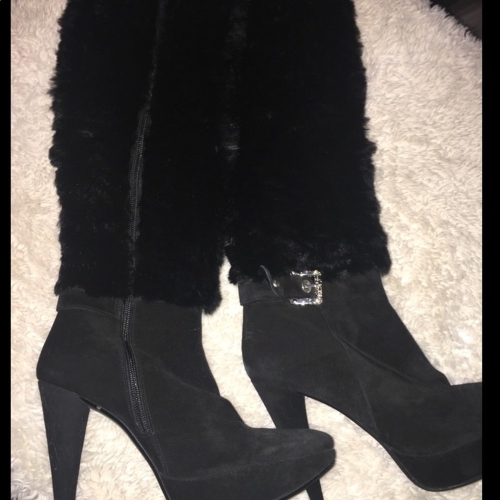 Stuart Weitzman Black Suede Fur Tall Boots 8M Heels